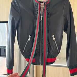 Gucci Black Leather Bomber Jacket with Red and Green Stripe Trim